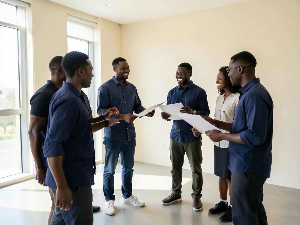 Young African adults reviewing work together in a bright collaborative space