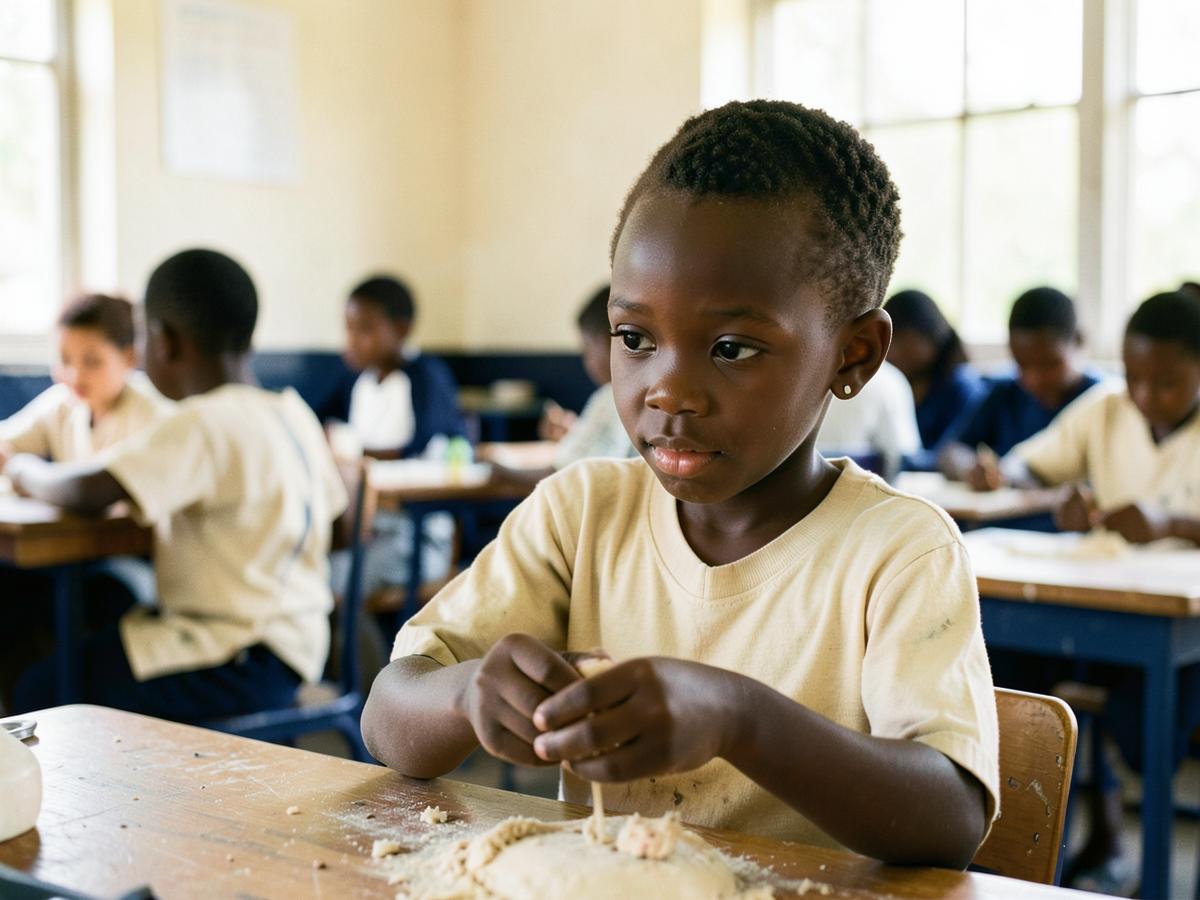 A young African Builder shaping a project with her hands in a classroom workshop