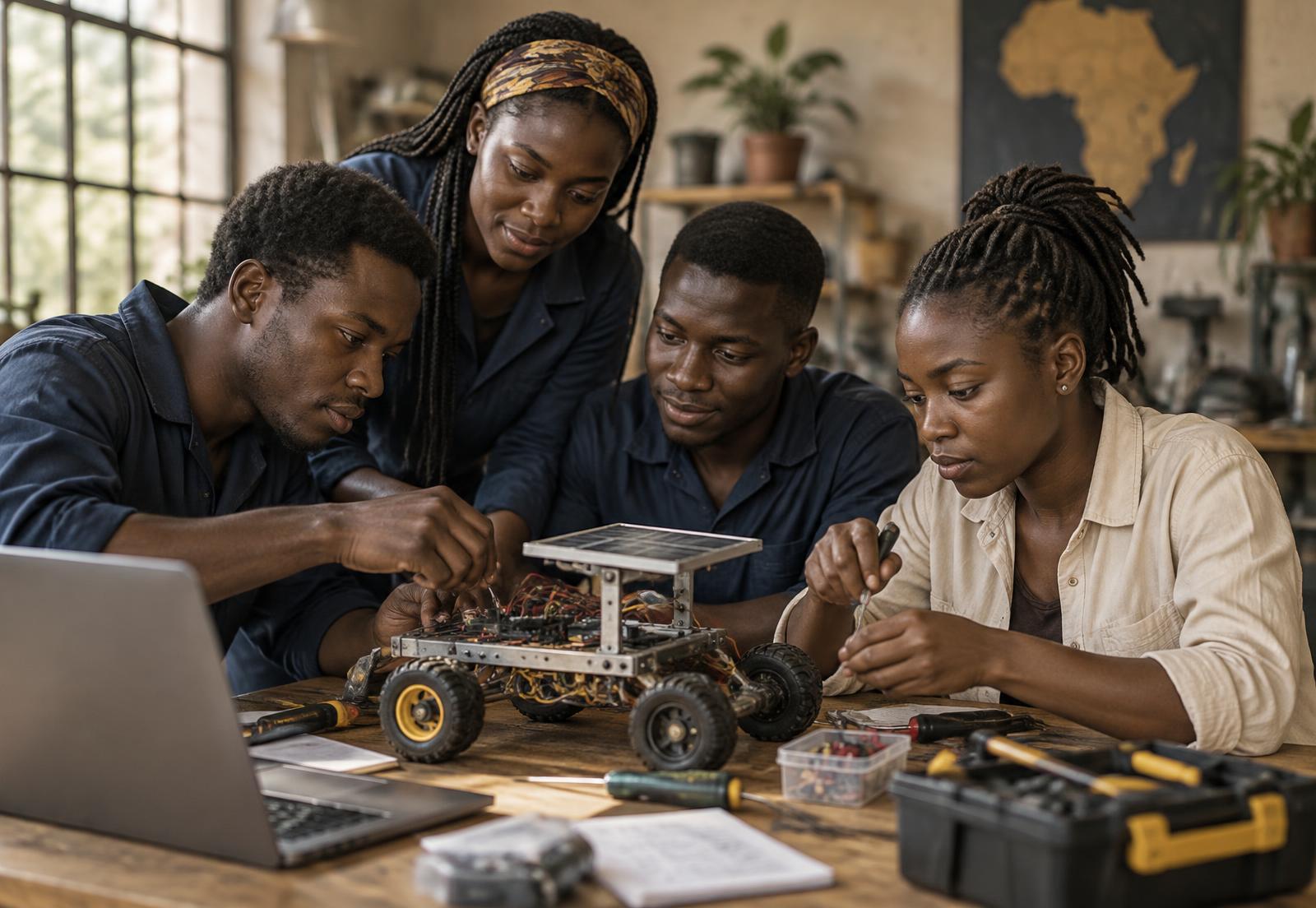 Young African Builders working together on a solar-powered prototype