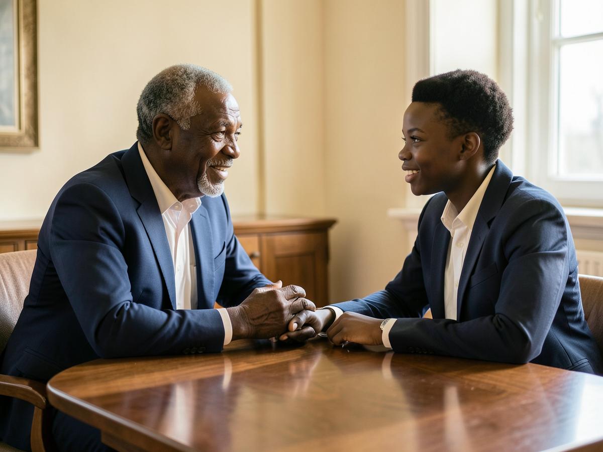 An experienced African Builder mentoring a younger Builder across a table
